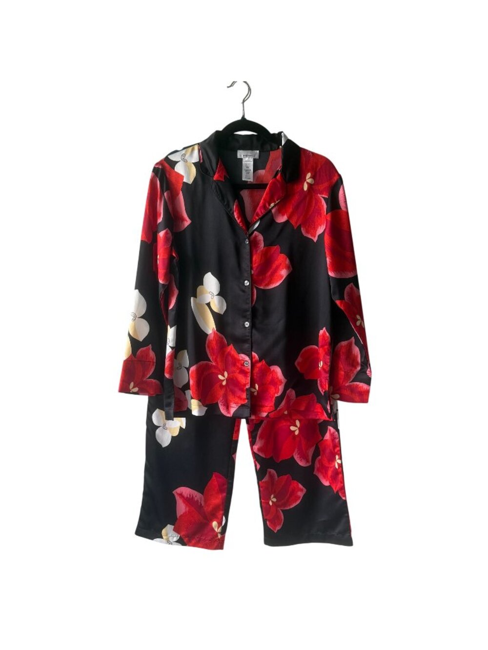 Natori Size S Floral Satin Feel Pajama Set Button-Down Top Elastic Black Red